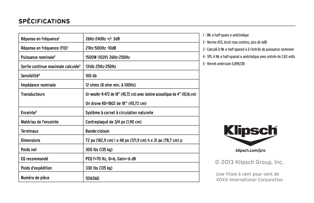 Klipsch KPT-1802-HLS Spécifications, Klipsch Group, Inc, Une filiale à cent pour cent de, VOXX International Corporation 
