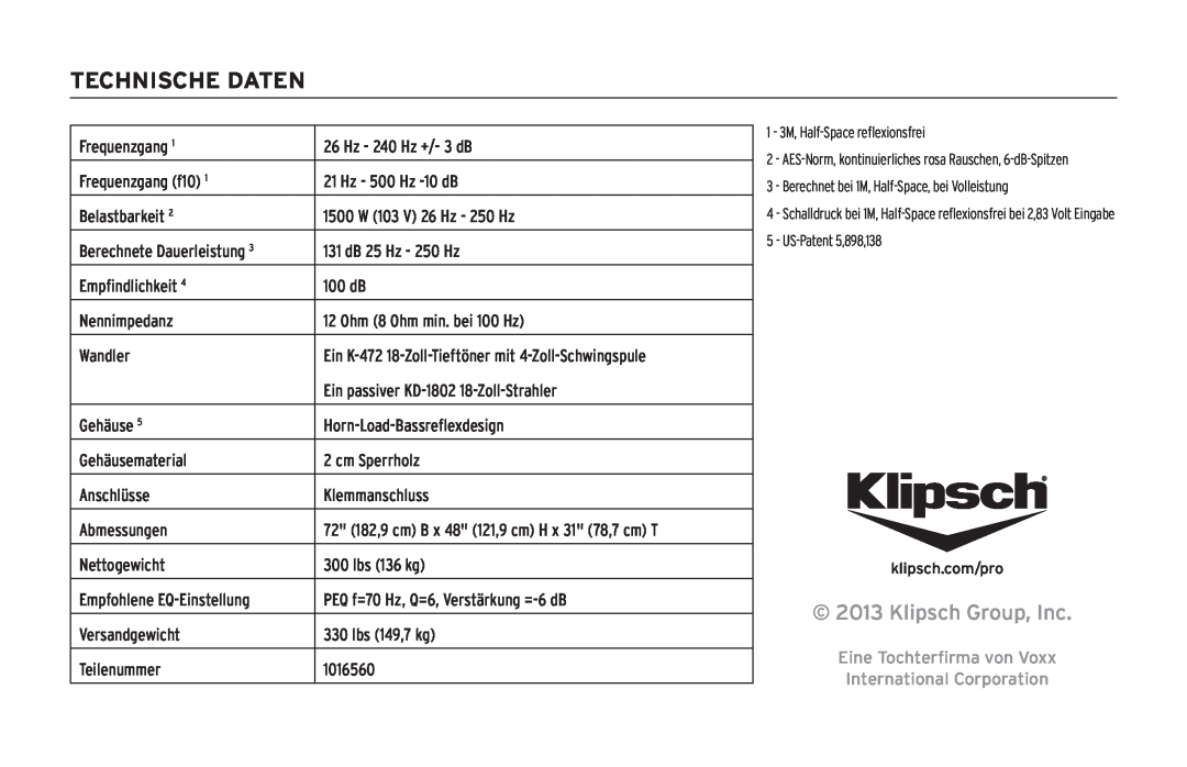 Klipsch KPT-1802-HLS Technische Daten, Klipsch Group, Inc, Eine Tochterfirma von Voxx, International Corporation 