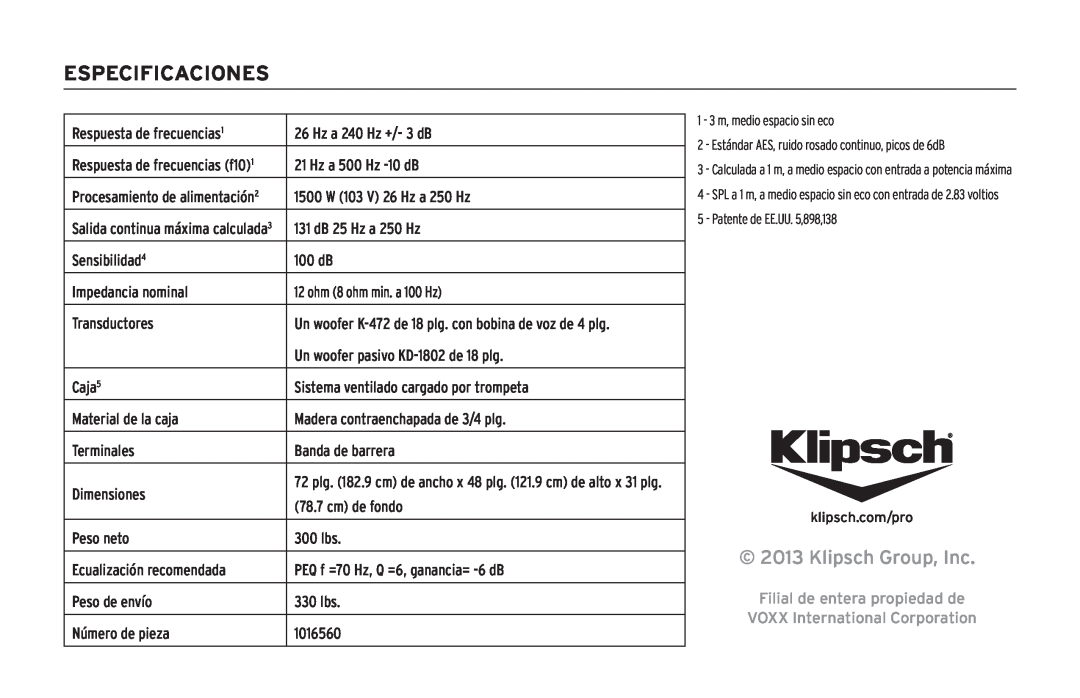 Klipsch KPT-1802-HLS Especificaciones, Klipsch Group, Inc, Filial de entera propiedad de, VOXX International Corporation 