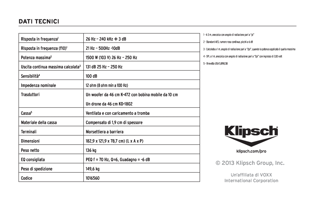 Klipsch KPT-1802-HLS owner manual Dati Tecnici, Klipsch Group, Inc, Un’affiliata di VOXX International Corporation 