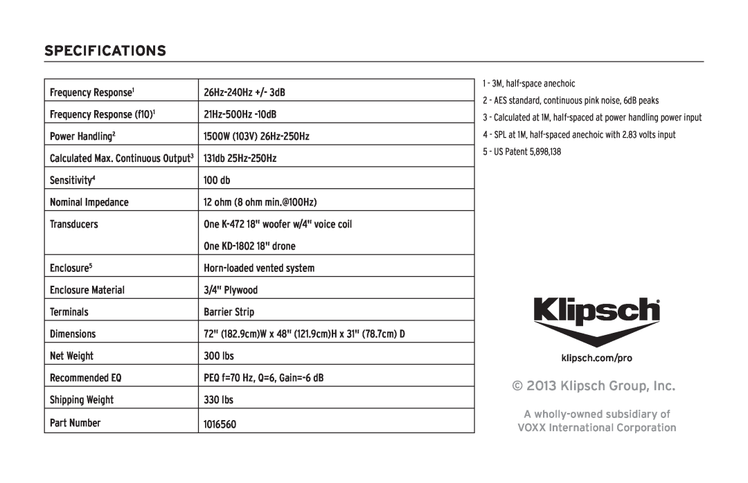 Klipsch KPT-1802-HLS Specifications, Klipsch Group, Inc, A wholly-ownedsubsidiary of, VOXX International Corporation 