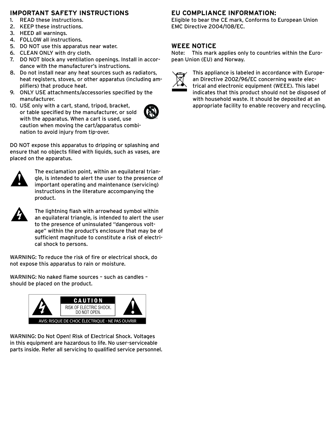 Klipsch KPT-801 owner manual Important Safety Instructions, EU Compliance Information, Weee Notice 