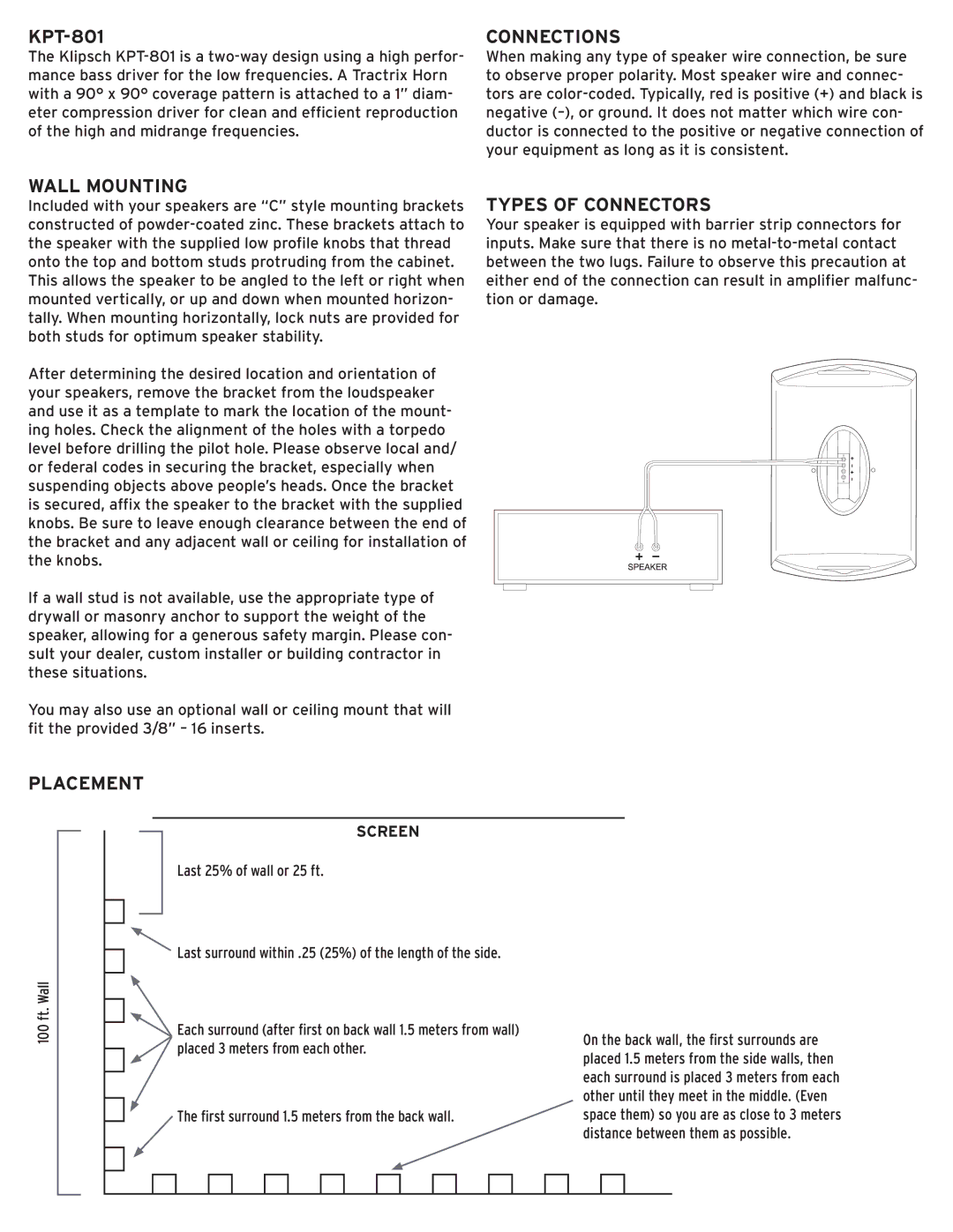 Klipsch KPT-801 owner manual Connections, Wall Mounting, Types of Connectors, Placement 