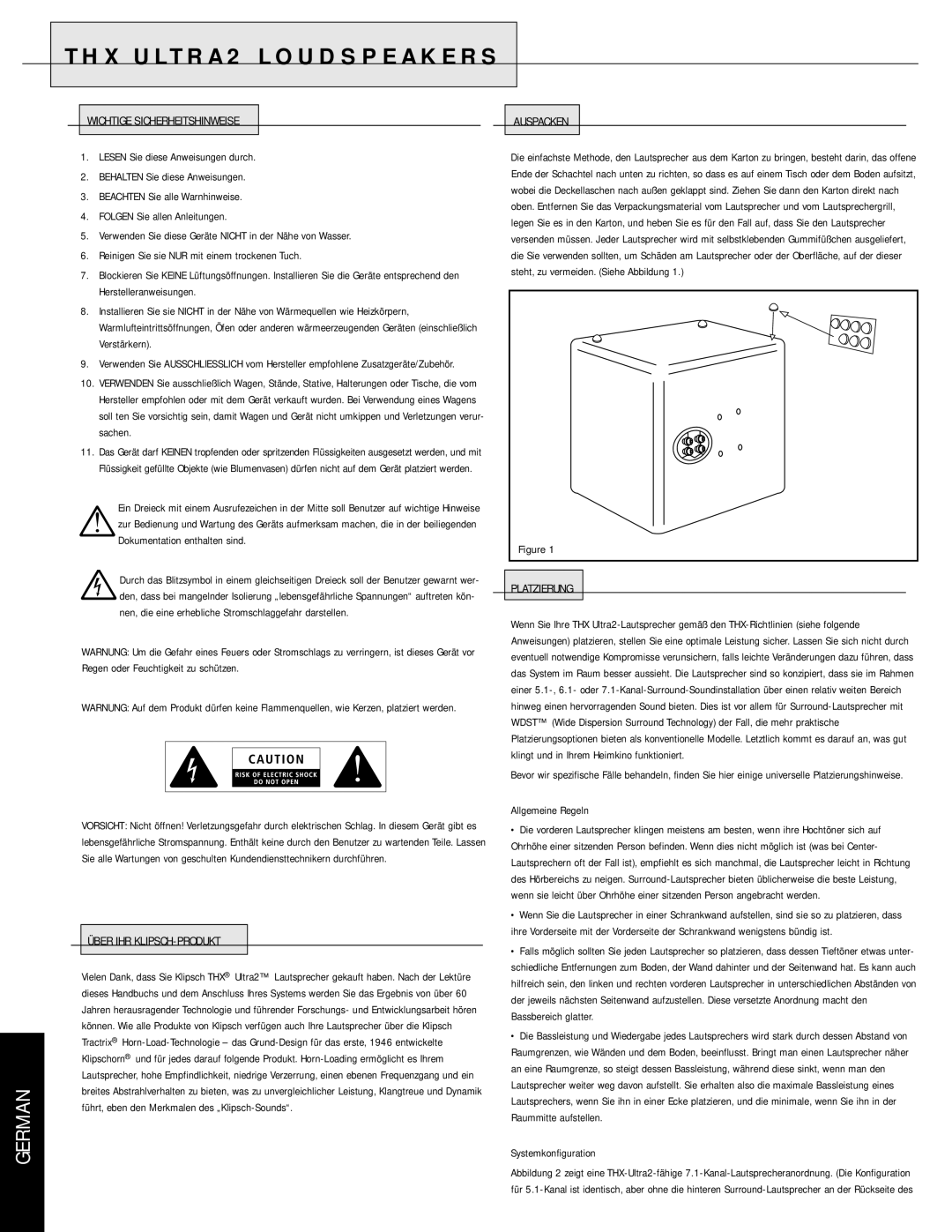 Klipsch KL-525-THX, KS-525-THX German, Wichtige Sicherheitshinweise, Über IHR KLIPSCH-PRODUKT, Auspacken, Platzierung 