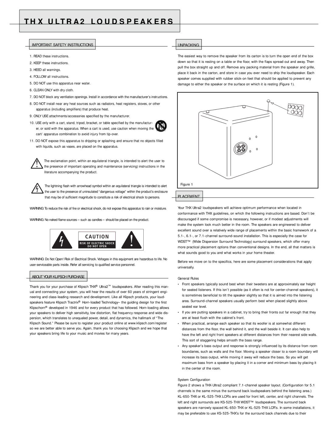 Klipsch KW-120-THX Important Safety Instructions, About Your Klipsch Purchase Unpacking, Placement, System Configuration 