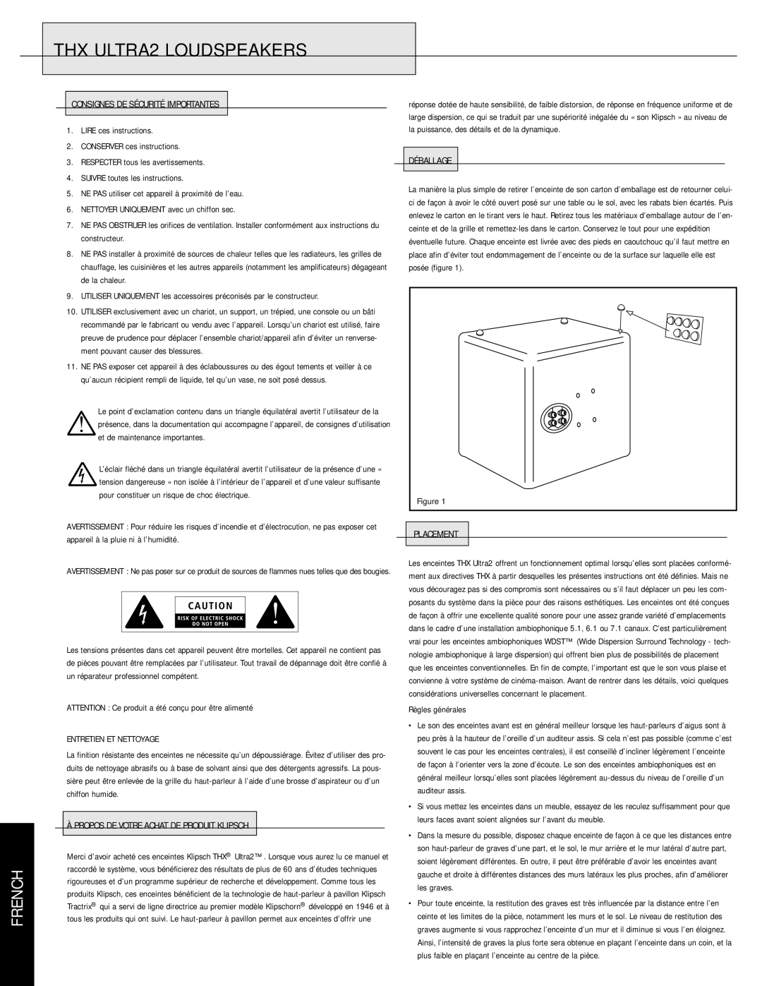 Klipsch KS-525-THX, KL-525-THX, KW-120-THX French, Consignes DE Sécurité Importantes, Entretien ET Nettoyage, Déballage 