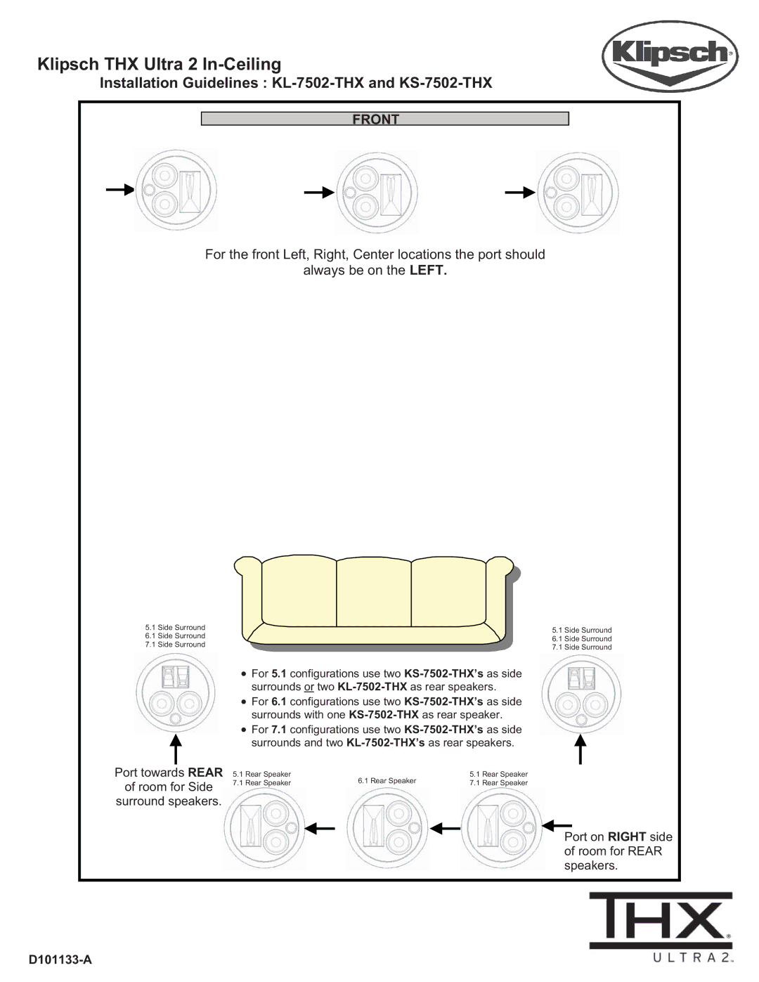 Klipsch manual Klipsch THX Ultra 2 In-Ceiling, Installation Guidelines KL-7502-THX and KS-7502-THX, Front 