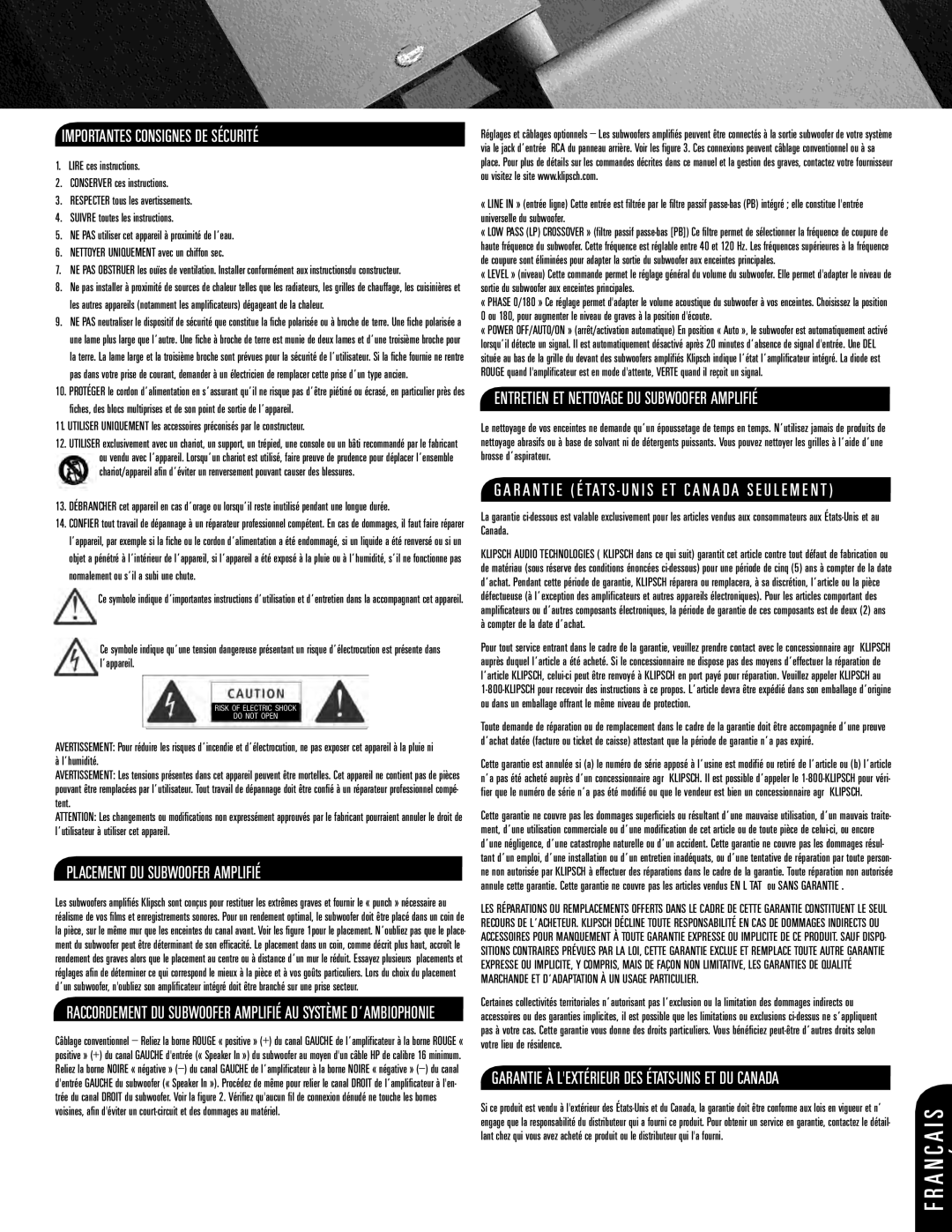 Klipsch ksw-08-new owner manual Importantes Consignes De Sécurité, Placement Du Subwoofer Amplifié, F R A N C A I S 