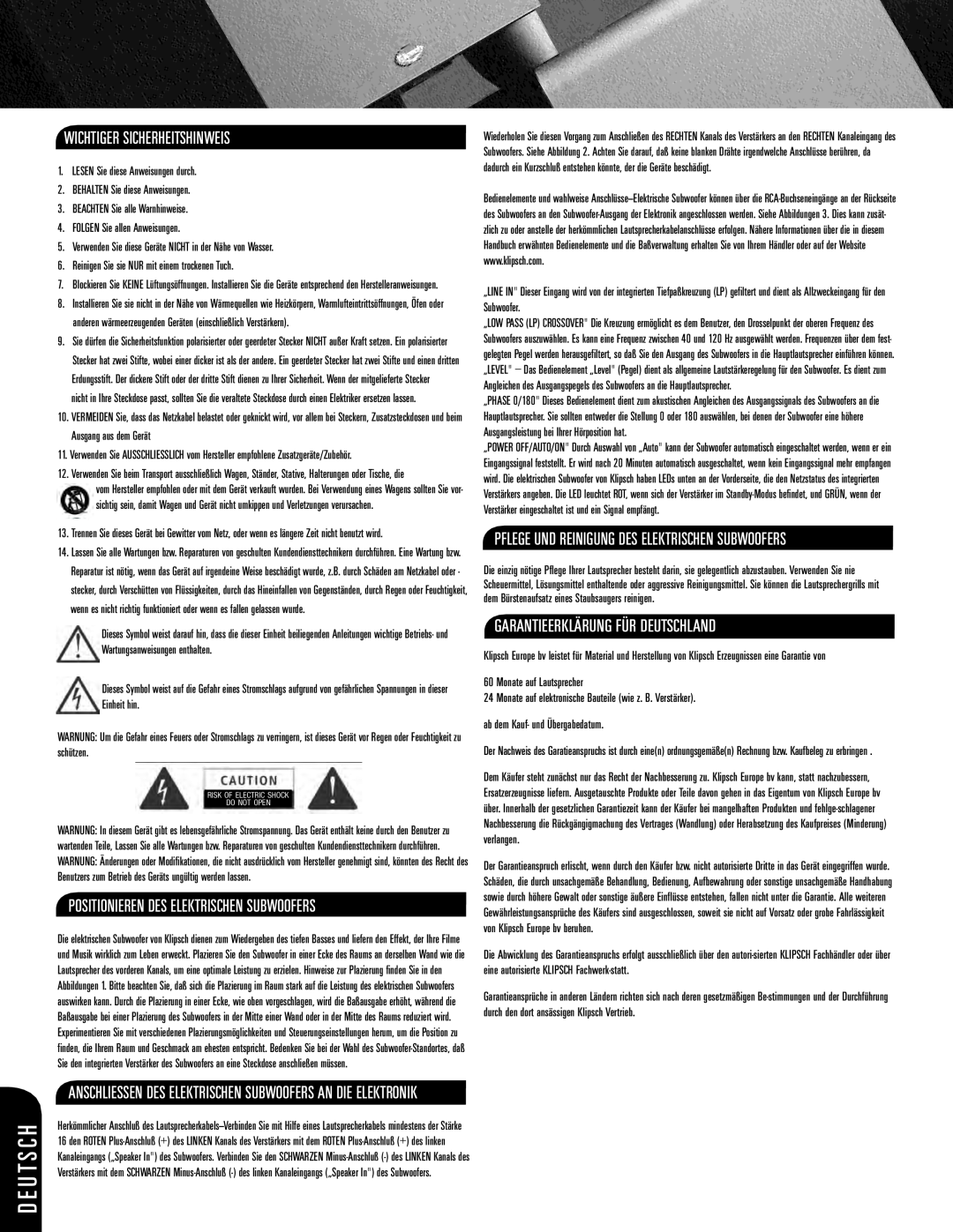 Klipsch ksw-08-new owner manual D E U T S C H, Wichtiger Sicherheitshinweis, Garantieerklärung Für Deutschland 