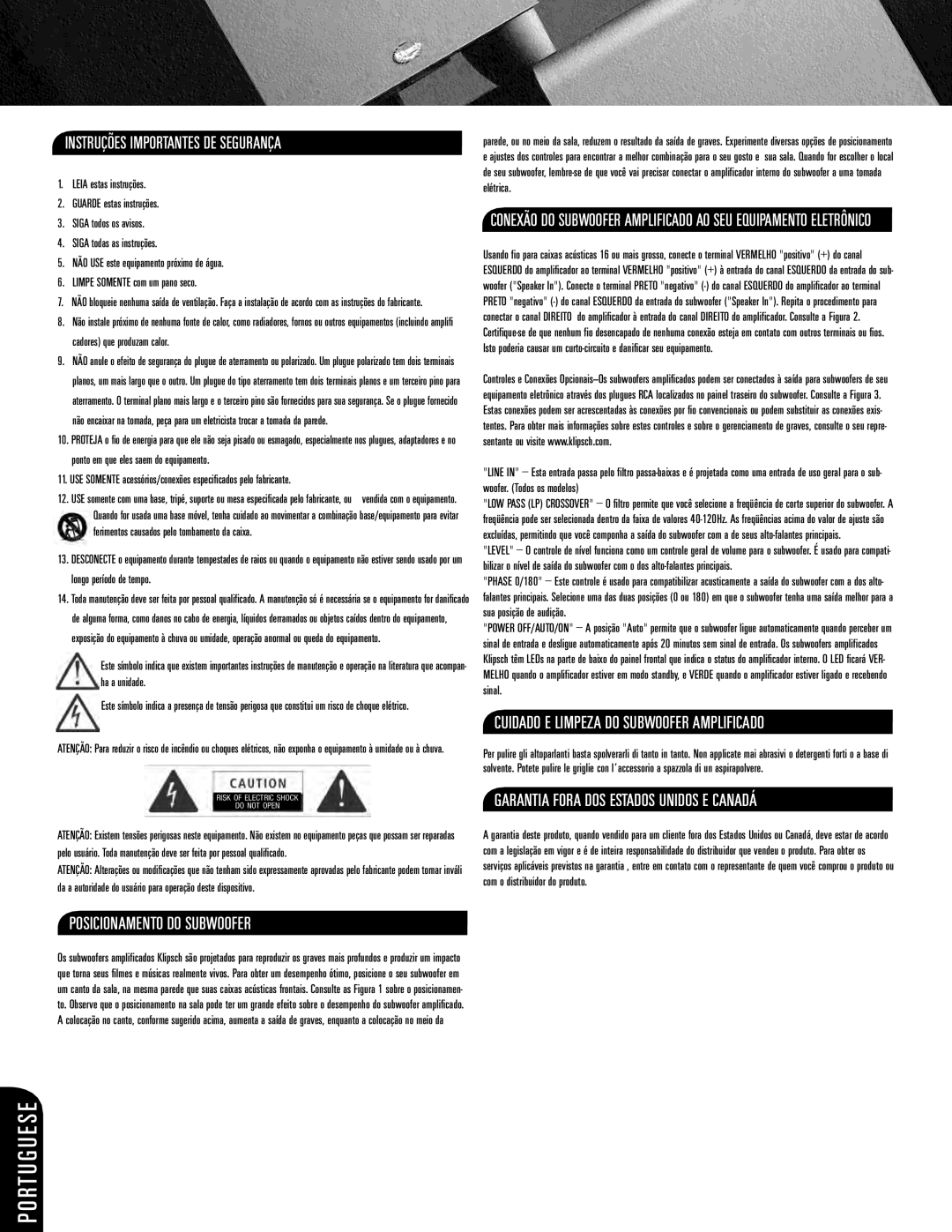Klipsch ksw-08-new owner manual Posicionamento Do Subwoofer, Instruções Importantes De Segurança, P O Rt U G U E S E 