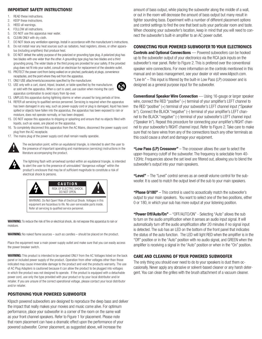 Klipsch KW-100 owner manual Important Safety Instructions, Positioning Your Powered Subwoofer, U T I O N 