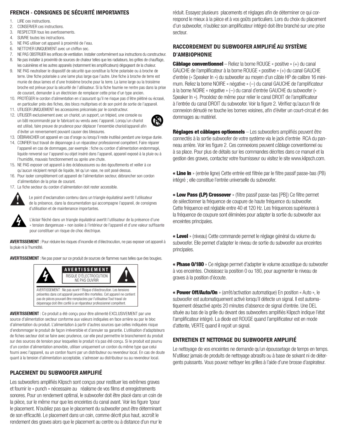 Klipsch KW-100 owner manual French Consignes DE Sécurité Importantes, Placement DU Subwoofer Amplifié 