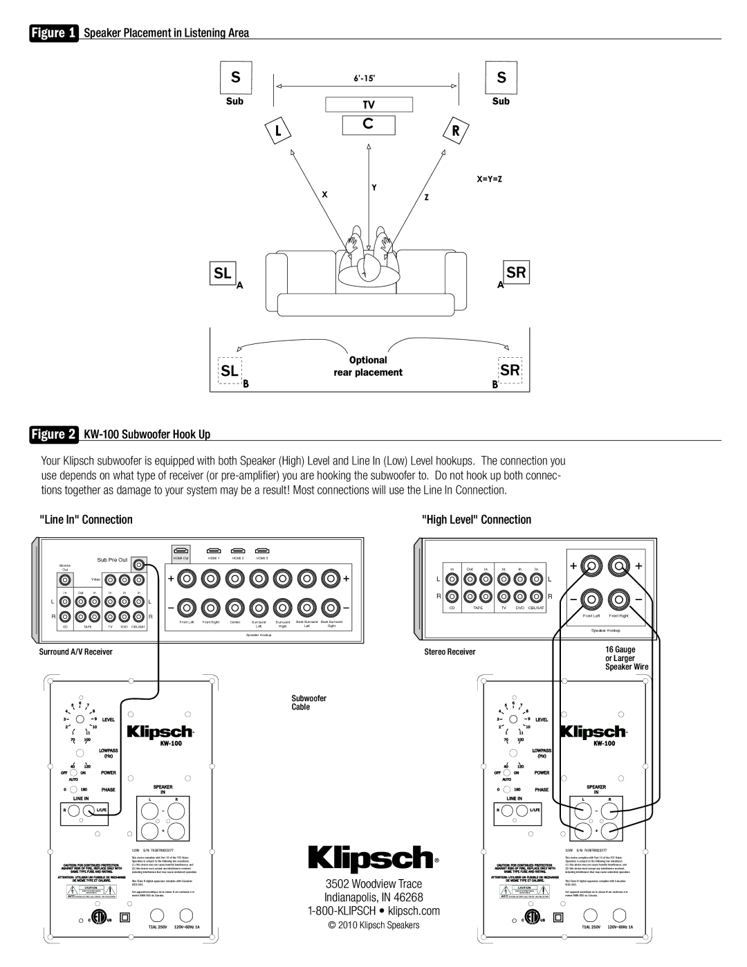 Klipsch KW-100 owner manual Line In Connection, High Level Connection, Klipsch klipsch.com, Woodview Trace Indianapolis 