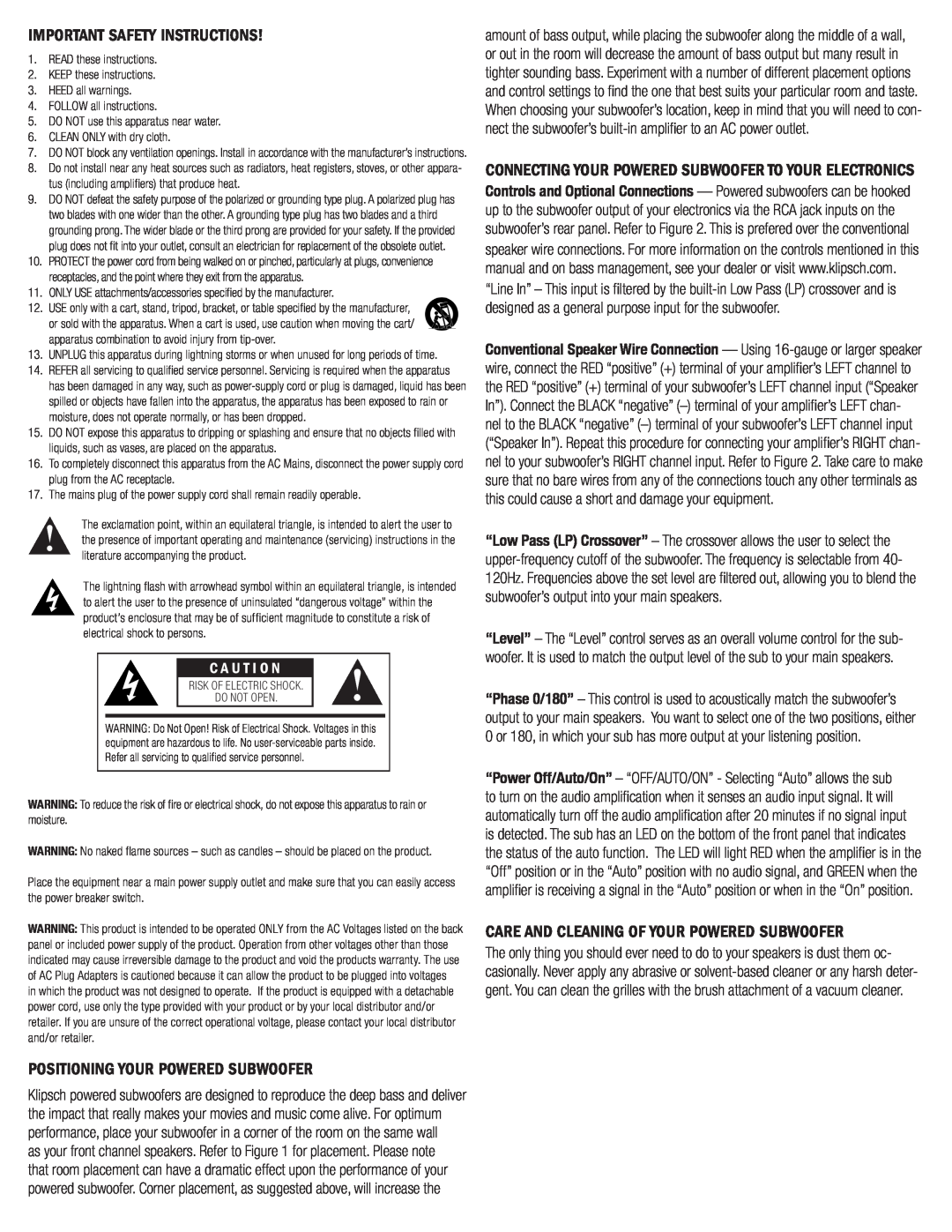 Klipsch KW-100 owner manual Important Safety Instructions, Positioning Your Powered Subwoofer, C A U T I O N 