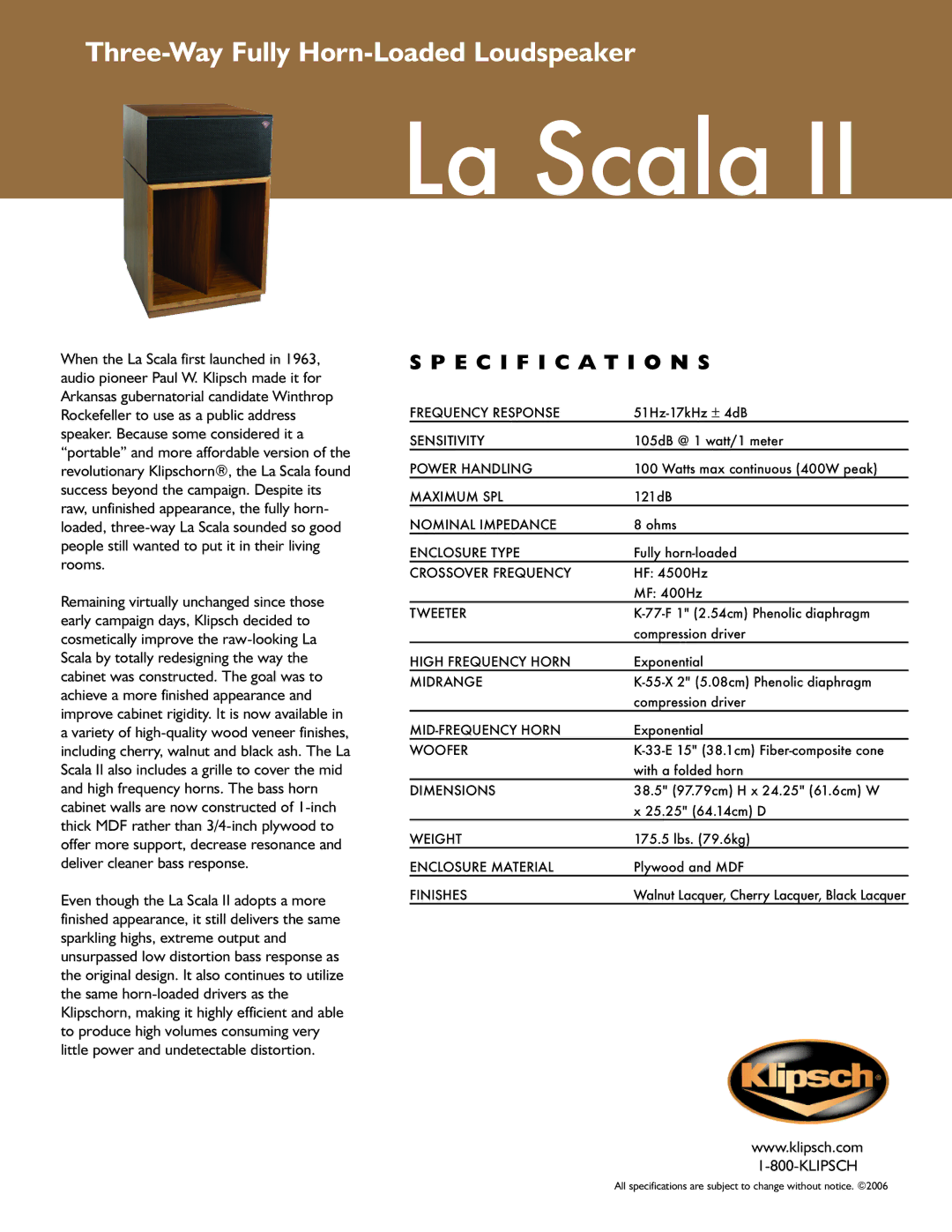 Klipsch La Scala II specifications Specification S 