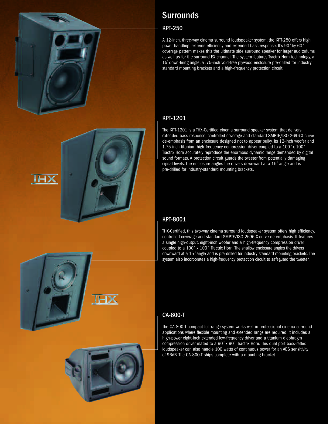 Klipsch Loudspeaker System manual Surrounds, KPT-250, KPT-1201, KPT-8001, CA-800-T 