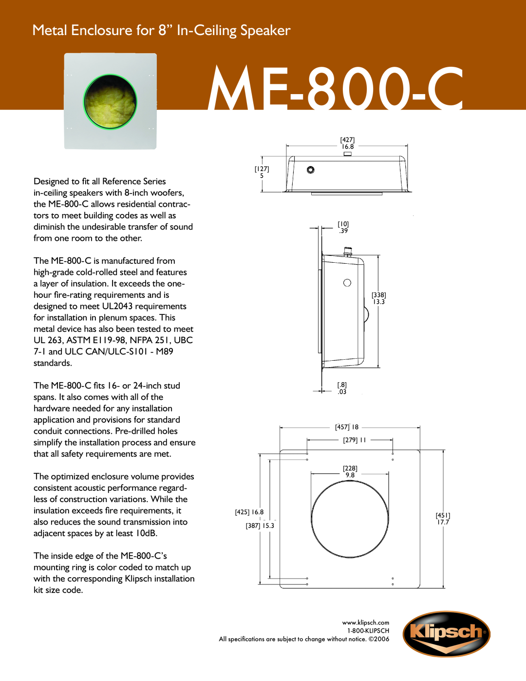 Klipsch ME-800-C specifications Metal Enclosure for 8” In-CeilingSpeaker 