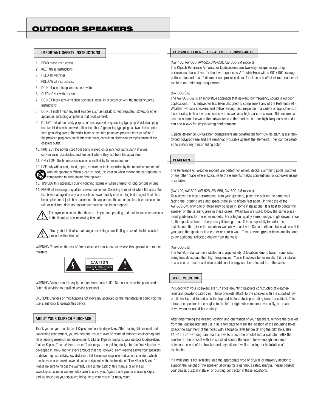 Klipsch OUTDOOR SPEAKER owner manual Important Safety Instructions, About Your Klipsch Purchase, AW-800-SW, Knobs 