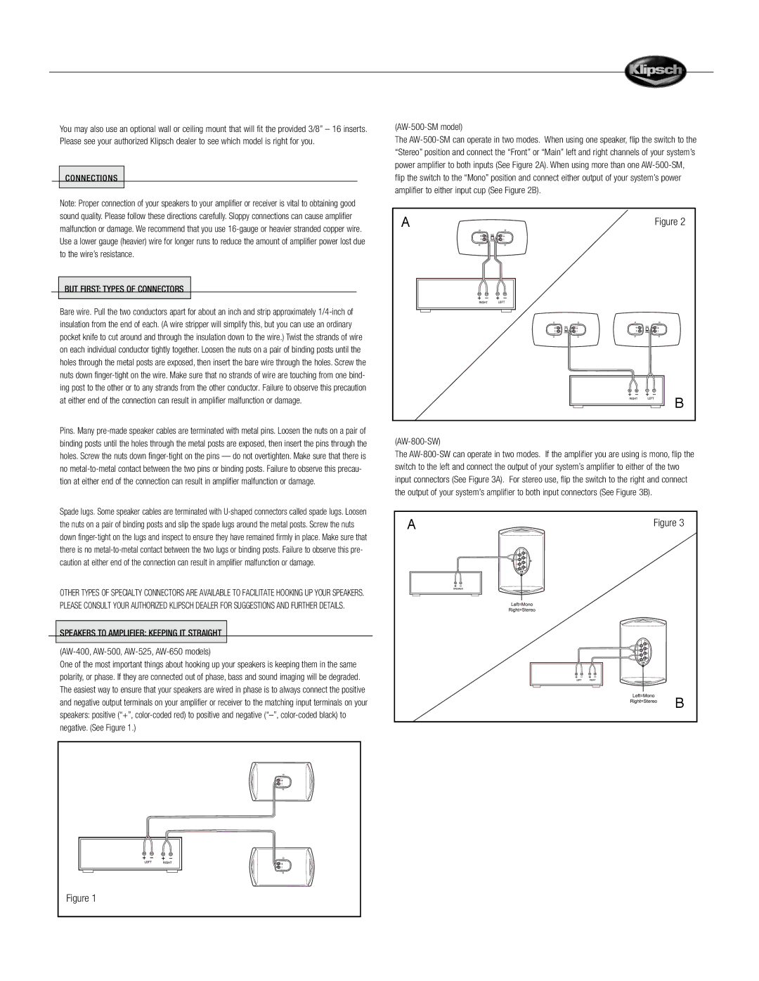 Klipsch OUTDOOR SPEAKER But First Types of Connectors, Speakers to Amplifier Keeping IT Straight, AW-500-SM model 