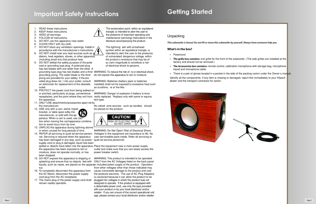 Klipsch P-312W owner manual Important Safety Instructions, Getting Started 