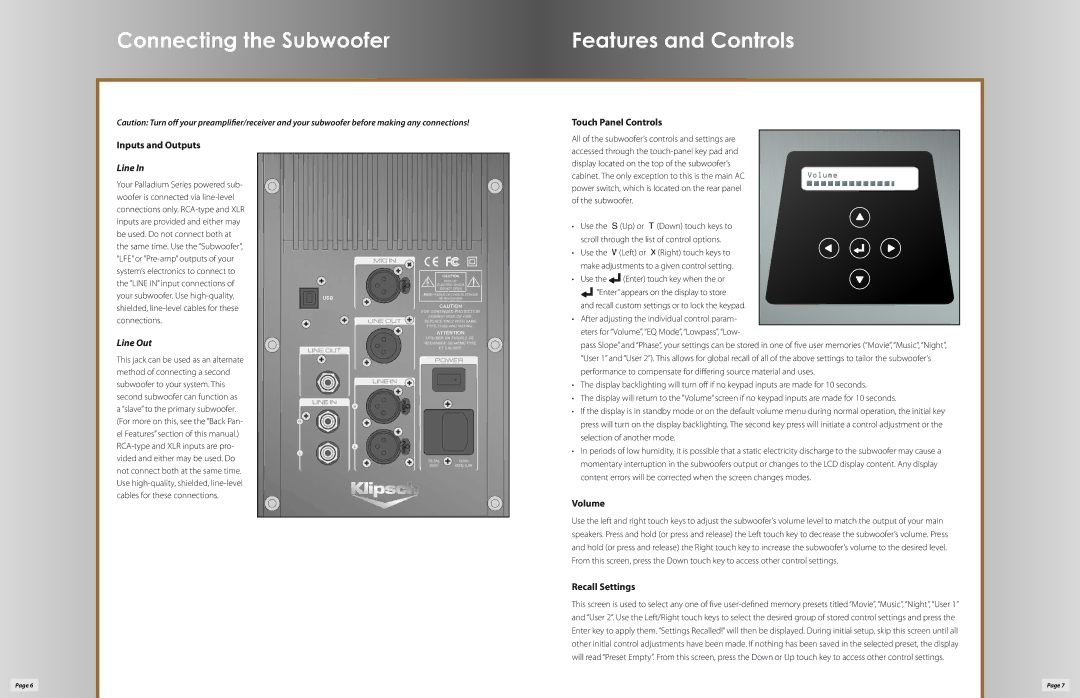 Klipsch P-312W owner manual Connecting the Subwoofer, Features and Controls 