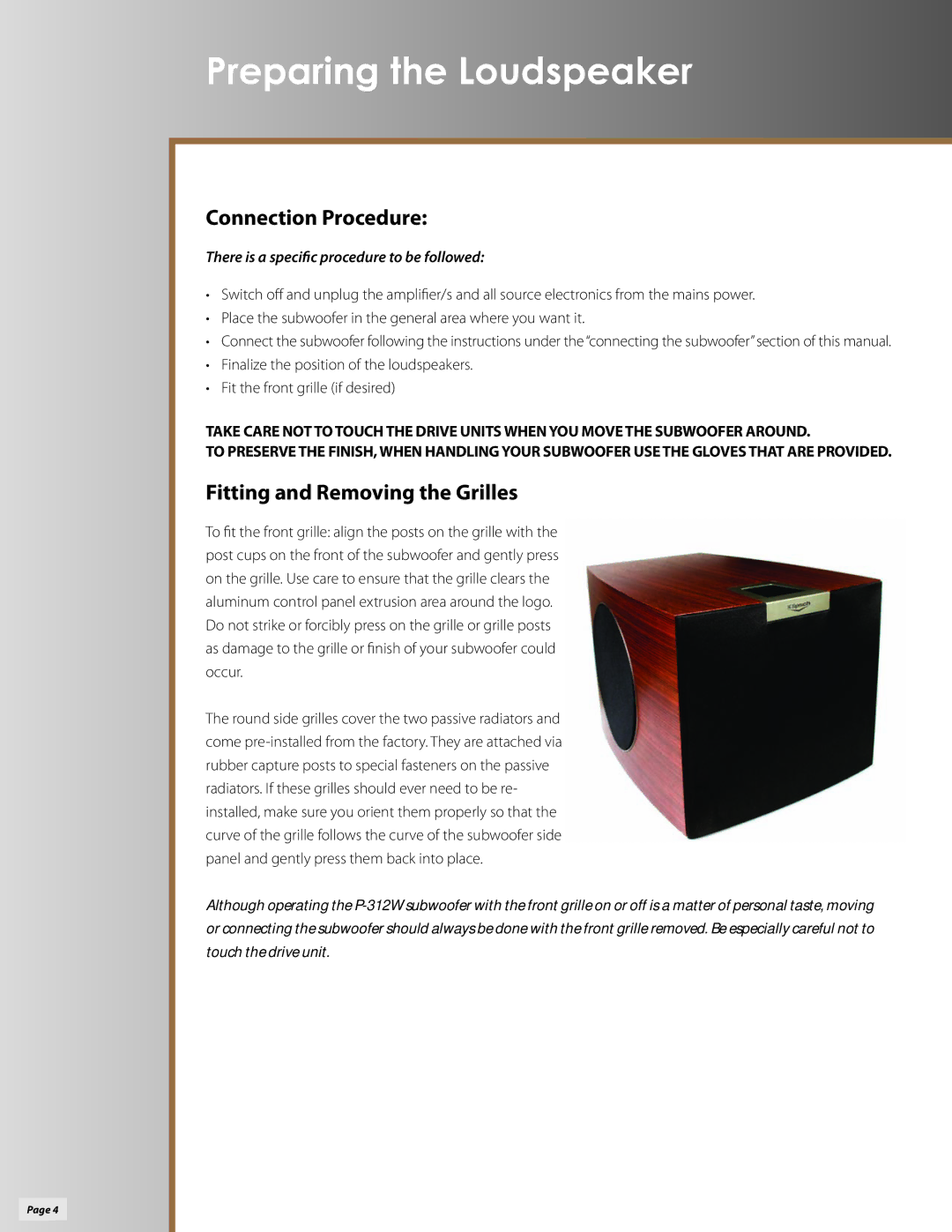 Klipsch P-312W owner manual Preparing the Loudspeaker, Connection Procedure 