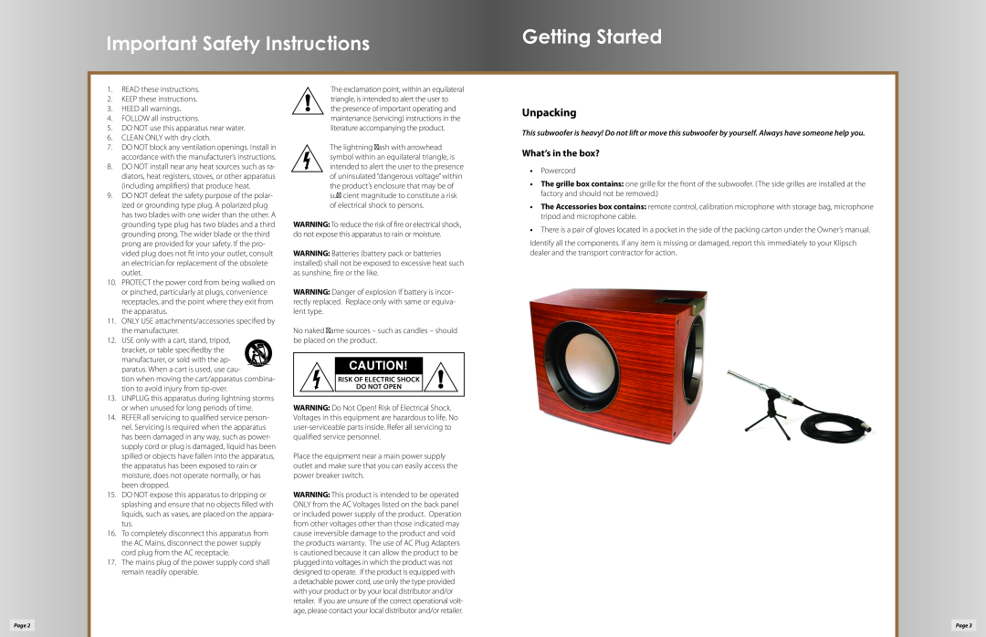 Klipsch P-312W owner manual Important Safety Instructions, Unpacking, Getting Started, What’s in the box? 