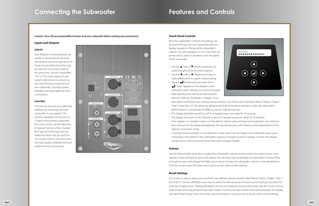 Klipsch P-312W owner manual Connecting the Subwoofer, Features and Controls, Inputs and Outputs, Line In, Line Out, Volume 