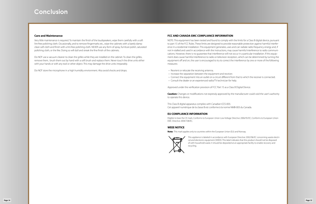 Klipsch P-312W Conclusion, Care and Maintenance, Fcc And Canada Emc Compliance Information, Eu Compliance Information 