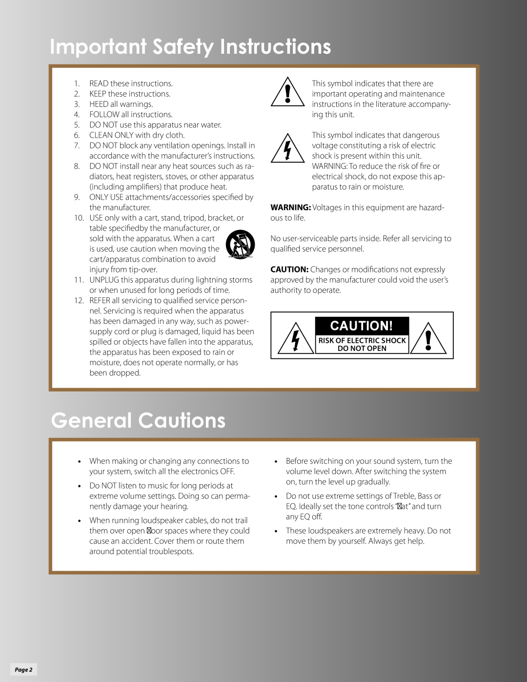 Klipsch P-312W owner manual Important Safety Instructions, General Cautions 