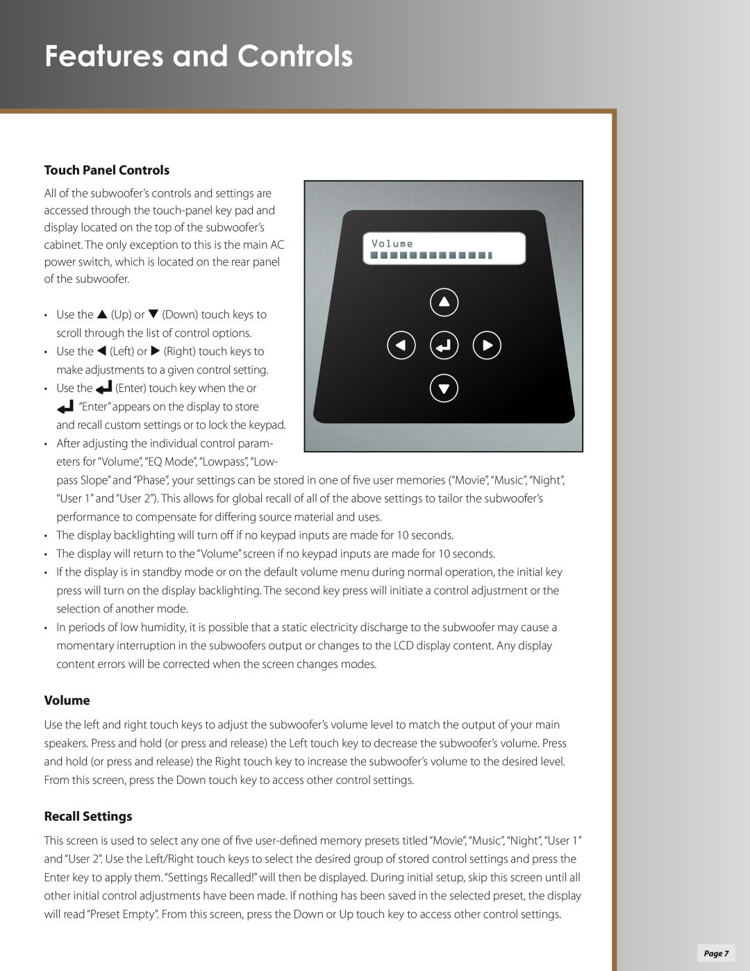 Klipsch P-312W owner manual Features and Controls, Touch Panel Controls, Volume, Recall Settings 
