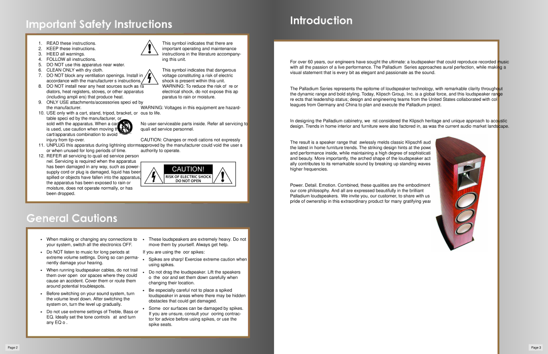 Klipsch P-38F, P-37F, P-27S Important Safety Instructions Introduction, General Cautions, If you are using the floor spikes 