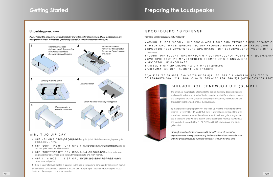 Klipsch P-27C, P-27S, P-17B owner manual Getting Started Preparing the Loudspeaker, Unpacking P-38F / P-37F 