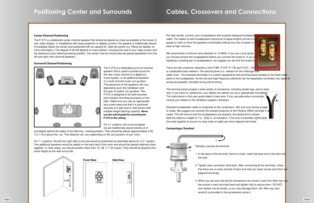 Klipsch P-37F, P-27S, P-38F Center Channel Positioning, Surround Channel Positioning, Front View, Connecting a Terminal 