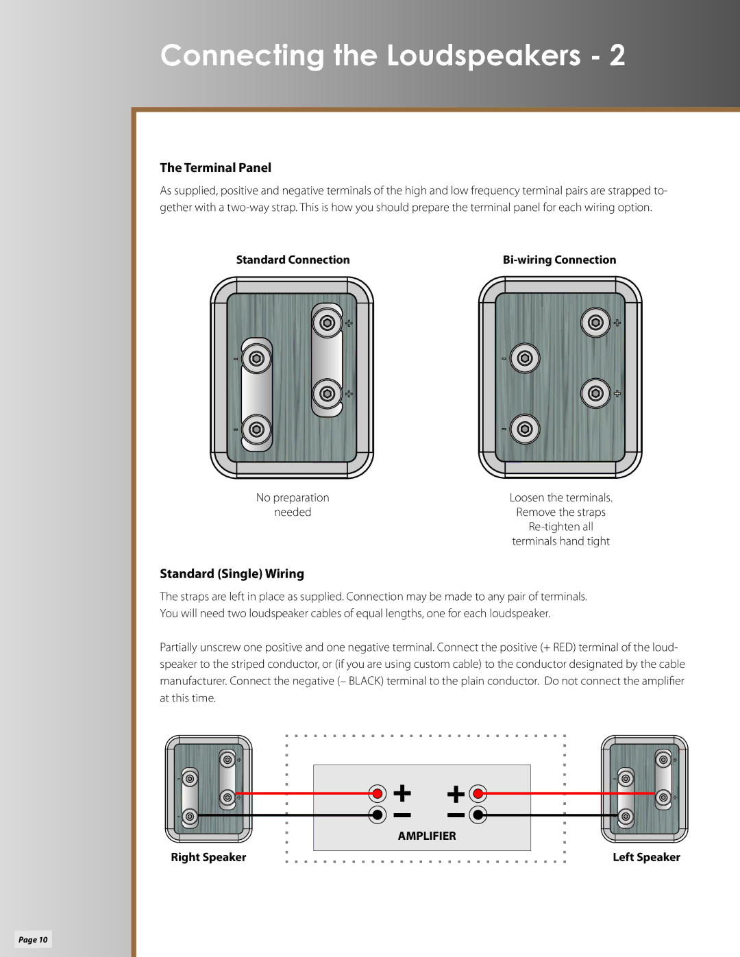 Klipsch P-37F, P-27S, P-38F, P-27C Connecting the Loudspeakers, Terminal Panel, Standard Single Wiring, Standard Connection 