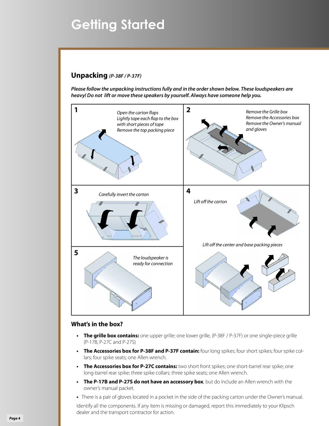 Klipsch P-17B, P-27S, P-27C owner manual Getting Started, Unpacking P-38F / P-37F 