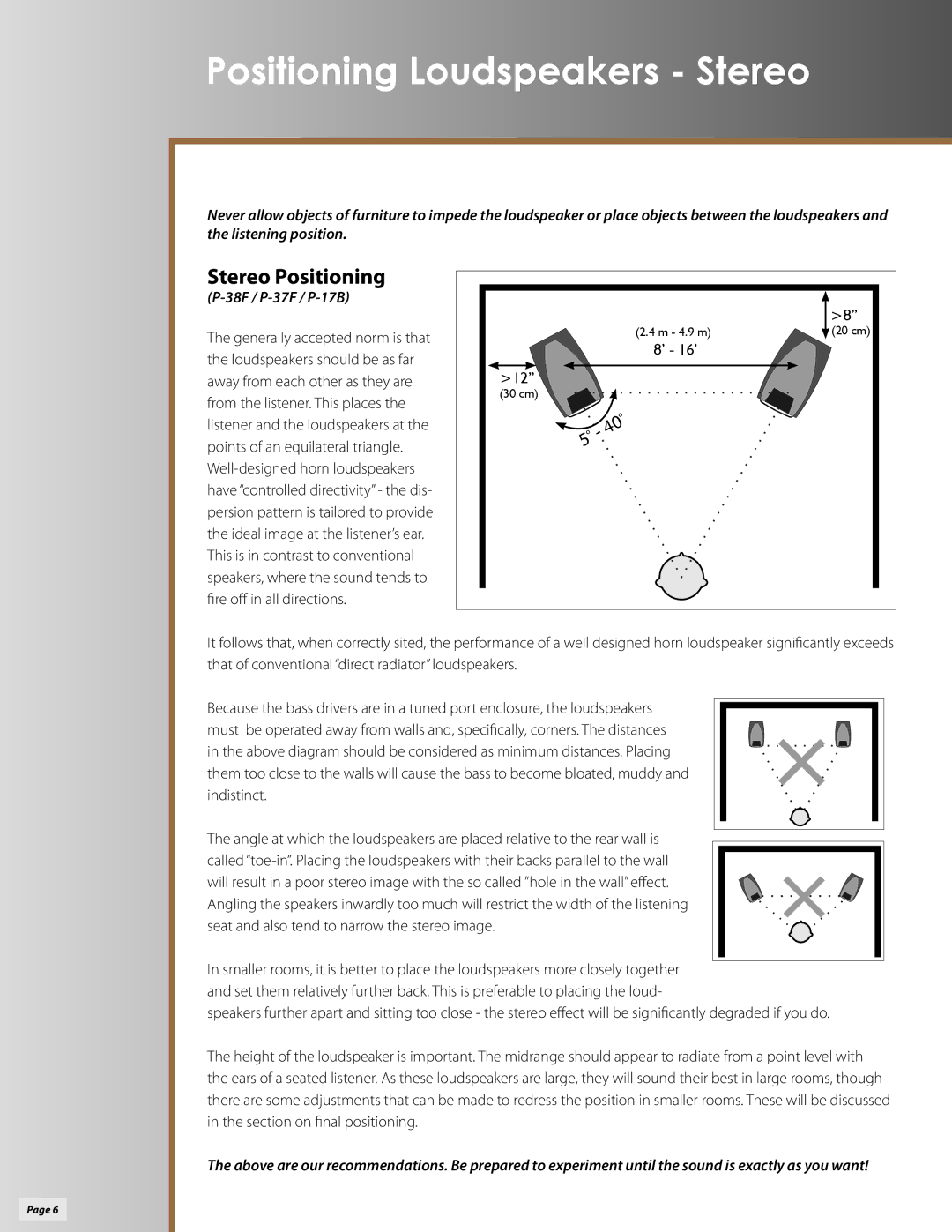 Klipsch P-27S, P-38F, P-27C owner manual Positioning Loudspeakers Stereo, 38F / P-37F / P-17B 