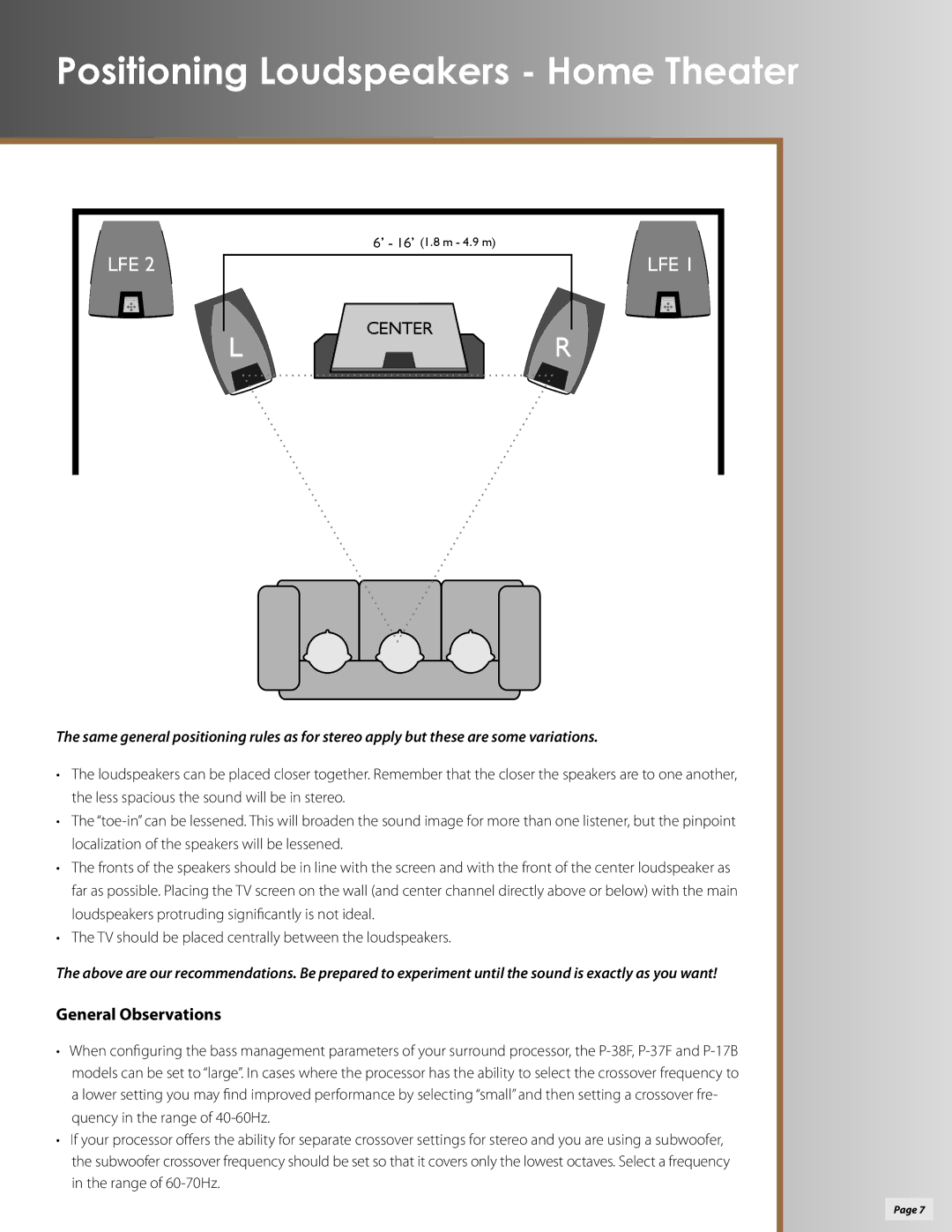 Klipsch P-38F, P-37F, P-27S, P-27C, P-17B owner manual Positioning Loudspeakers Home Theater, General Observations 