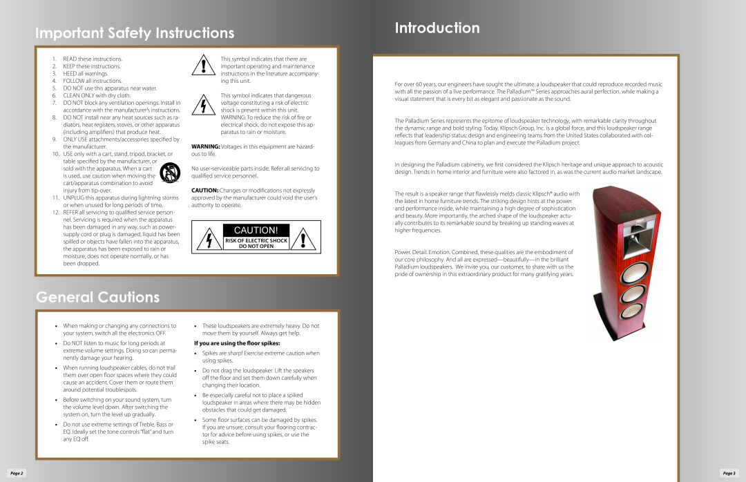 Klipsch P-38F, P-37F Important Safety Instructions, Introduction, General Cautions, If you are using the floor spikes 