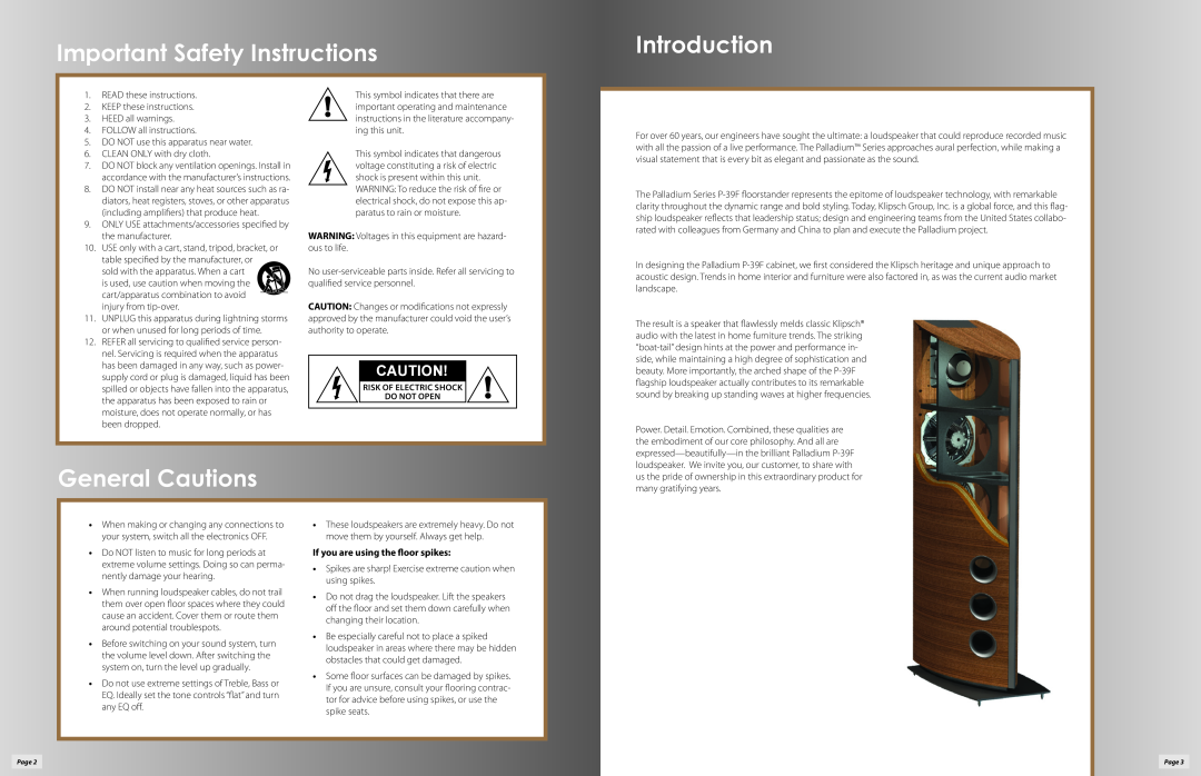 Klipsch P-39F owner manual Important Safety Instructions, Introduction, General Cautions, If you are using the floor spikes 