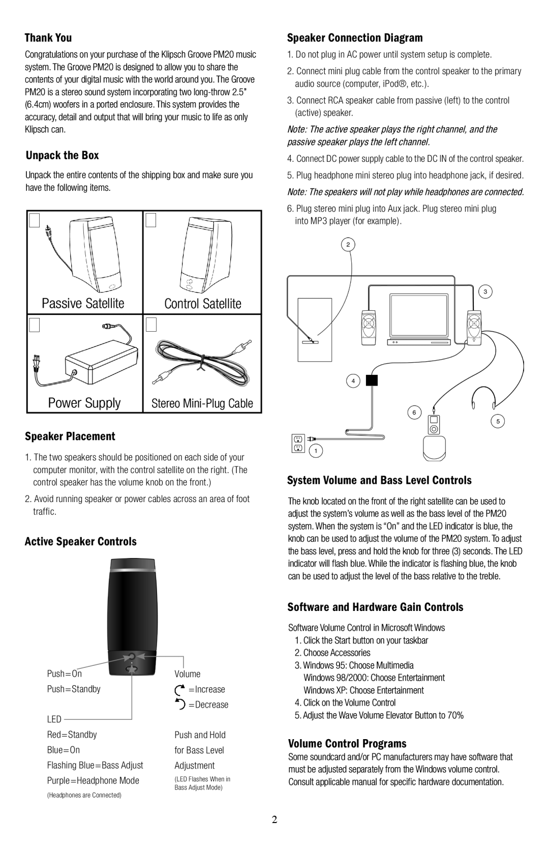 Klipsch PM20 owner manual Thank You, Unpack the Box, Passive Satellite, Speaker Placement, Active Speaker Controls 