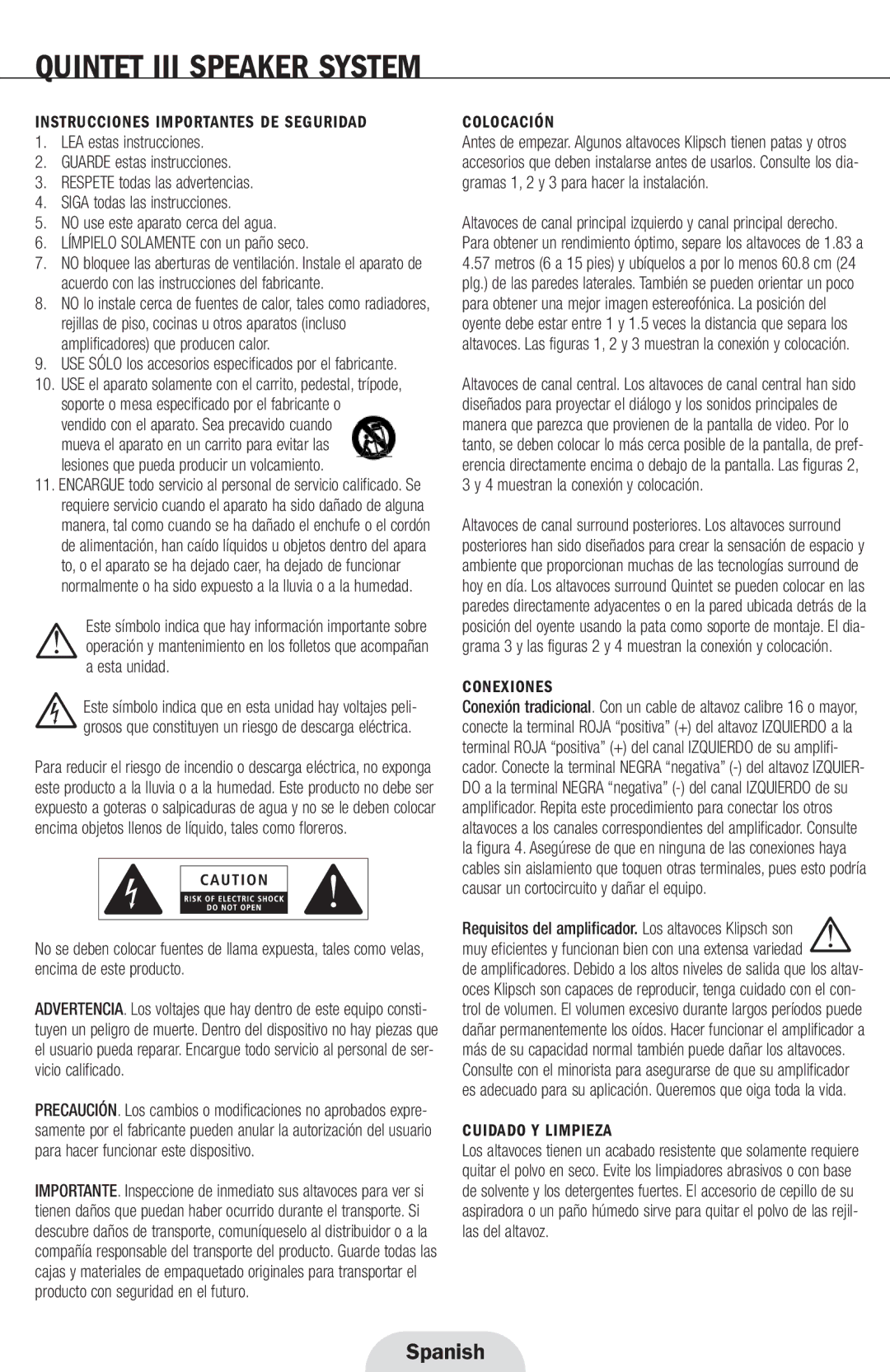 Klipsch Quintet III manual Spanish, Instrucciones Importantes DE Seguridad, Colocación, Conexiones, Cuidado Y Limpieza 