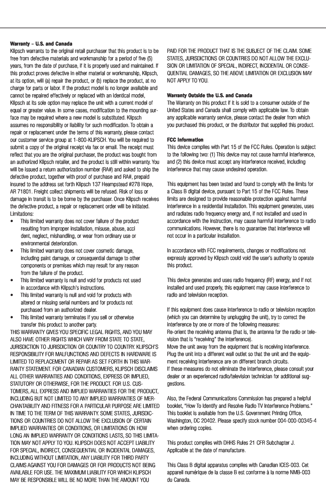 Klipsch Quintet SL owner manual Warranty - U.S. and Canada, Warranty Outside the U.S. and Canada, FCC Information 