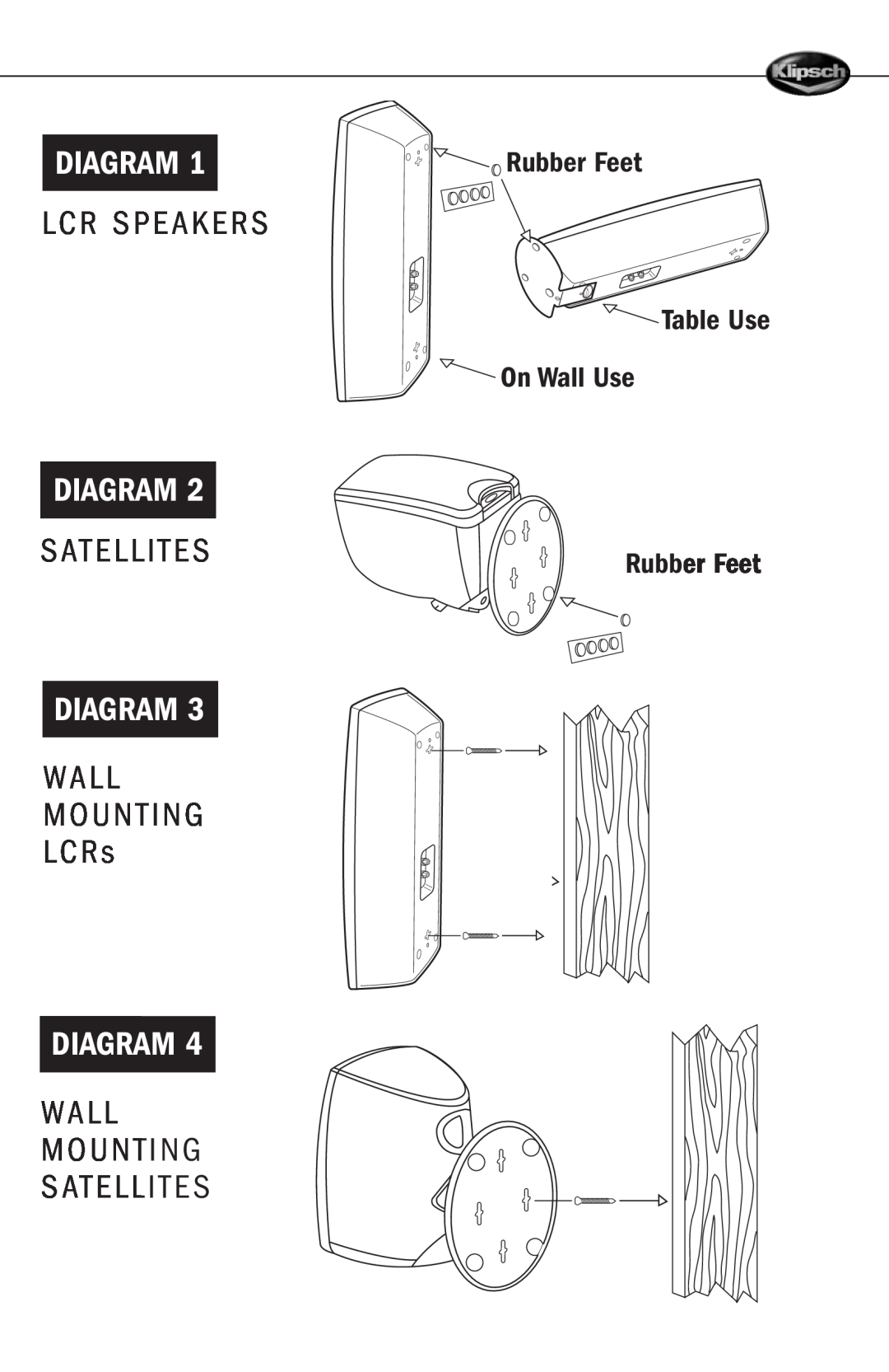 Klipsch Quintet SL Diagram, Lcr Speakers, Wall Mounting Satellites, Rubber Feet Table Use On Wall Use Rubber Feet 