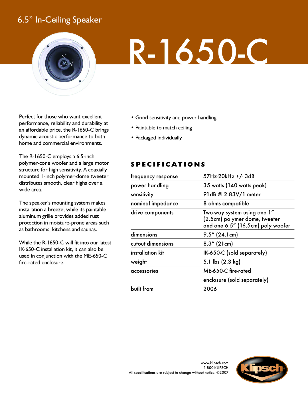 Klipsch R-1650-C specifications In-Ceiling Speaker, Specification s 