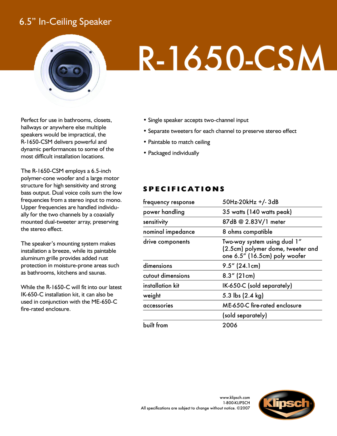 Klipsch R-1650-CSM specifications Specification s 