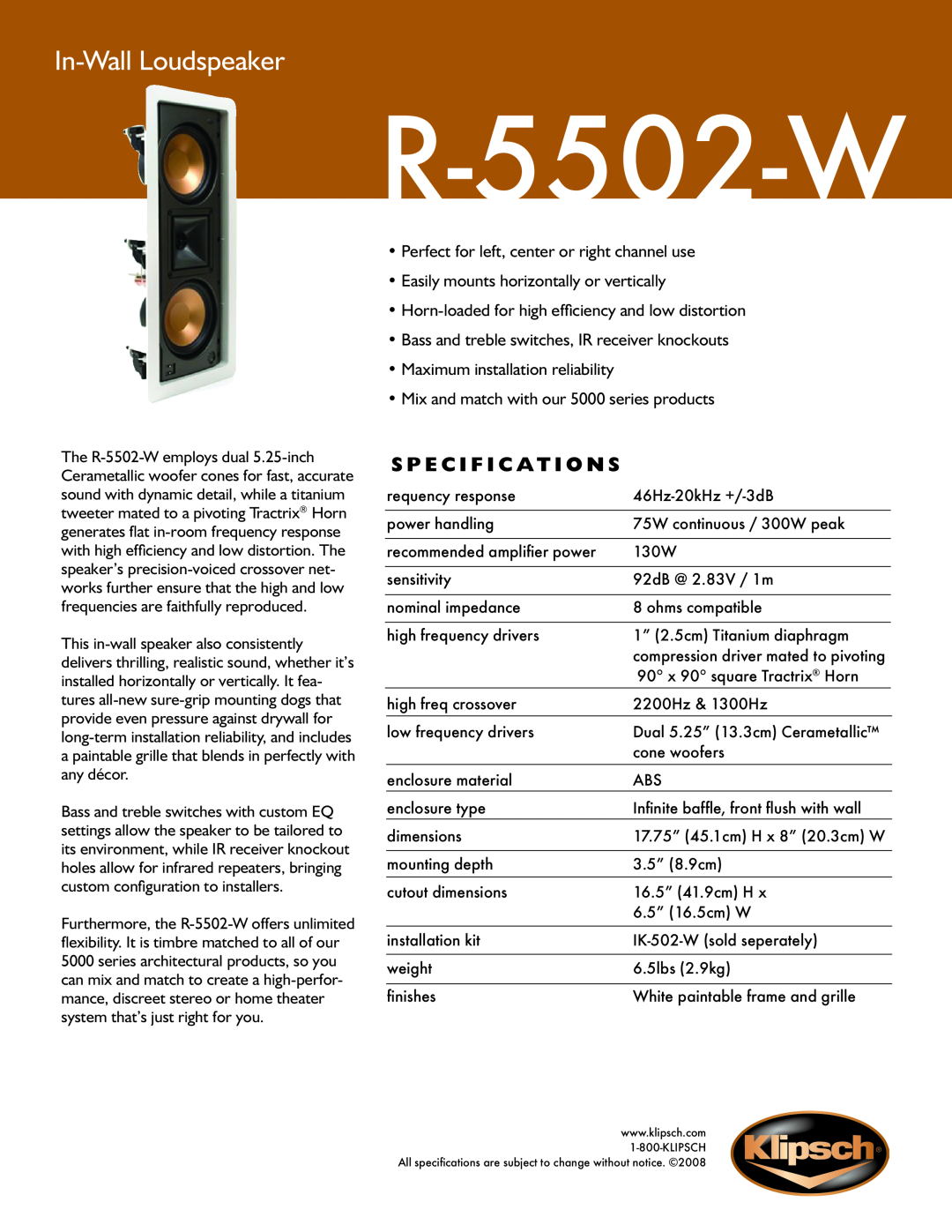 Klipsch R-5502-W specifications In-WallLoudspeaker, S p e c i f i c a t i o n s 