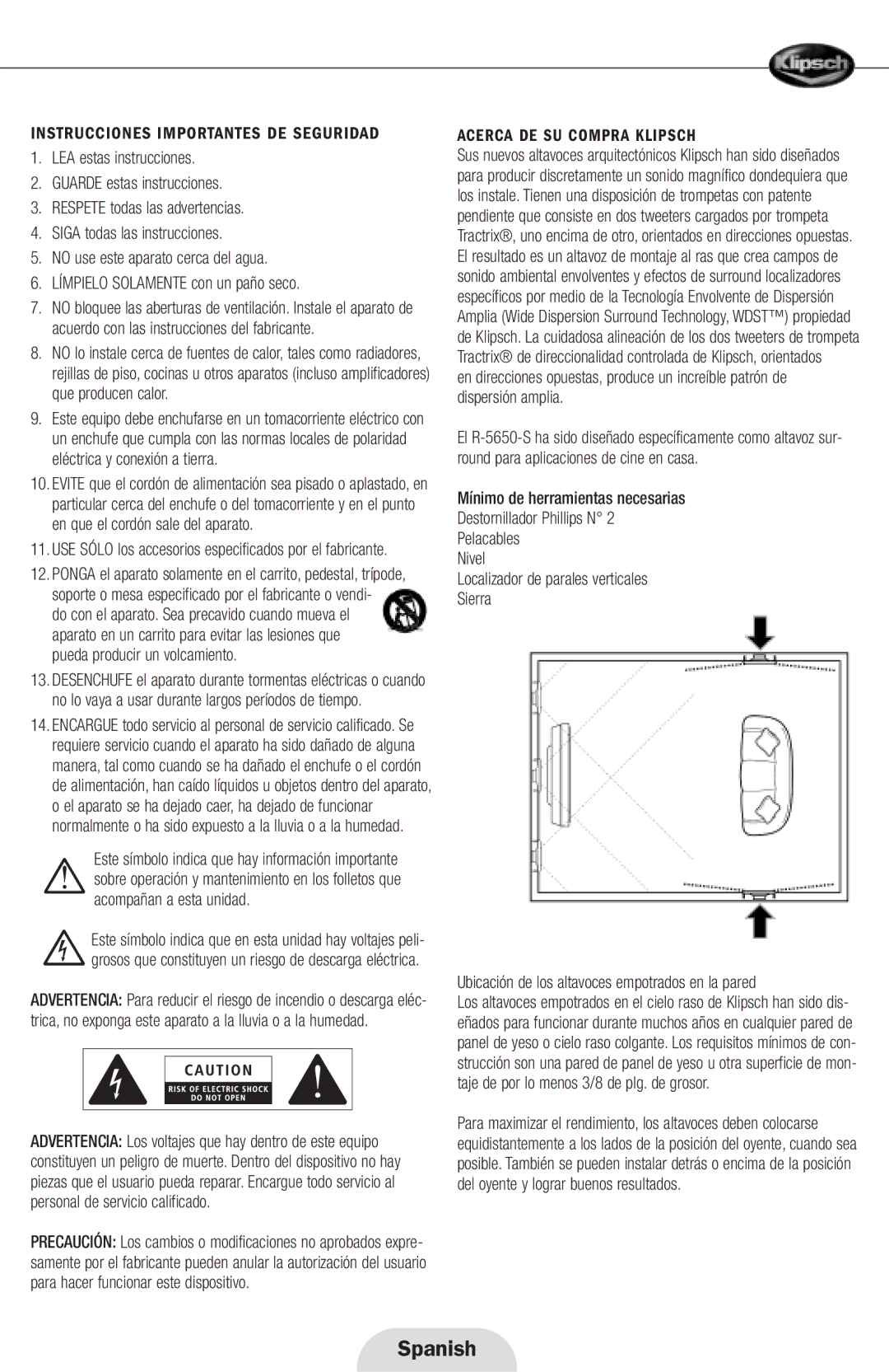 Klipsch R-5650-S owner manual Instrucciones Importantes DE Seguridad, Acerca DE SU Compra Klipsch 