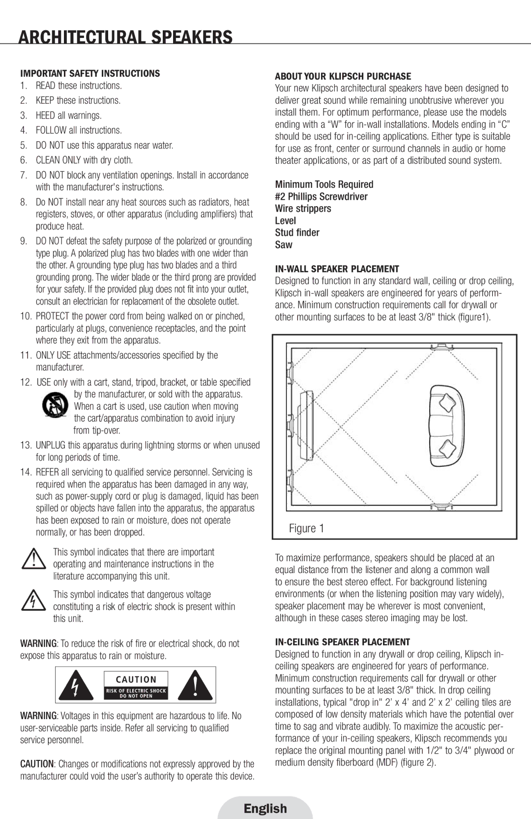 Klipsch r2800com manual Important Safety Instructions, About Your Klipsch Purchase, Level Stud finder Saw 