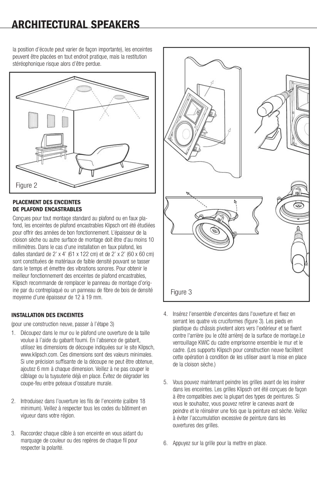 Klipsch r2800com manual Placement DES Enceintes DE Plafond Encastrables, Installation DES Enceintes 